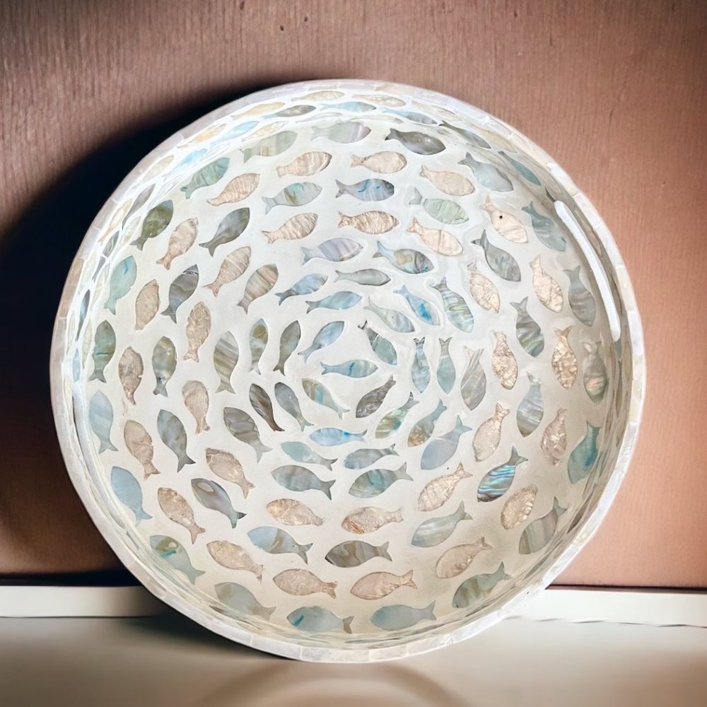 Round Breakfast tray, Mother of Pearl Serving Tray, Coffee table tray COASTAL
